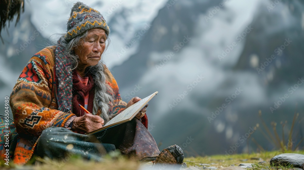 Fototapeta premium A woman sits on the ground writing in a notebook