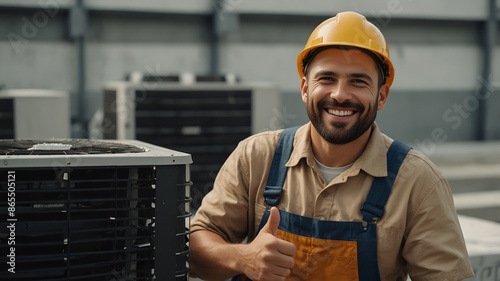 Portrait of happy smiling male worker technician wearing overall installing air conditioner and looking cheerful at camera showing thumb up sigh on rooftop. Ventilation system maintenance 
 photo