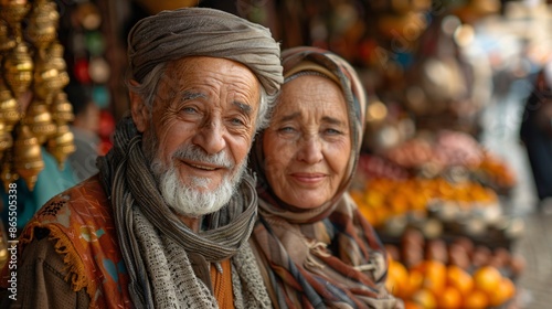 Elderly Couple Smiling at a Bustling Market