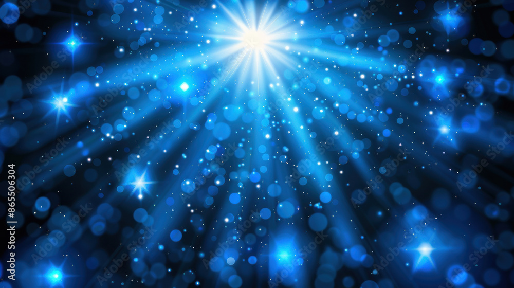 Naklejka premium Bright glowing light in a blue starry field with particles creating a mystical and cosmic atmosphere, ideal for backgrounds or animations.