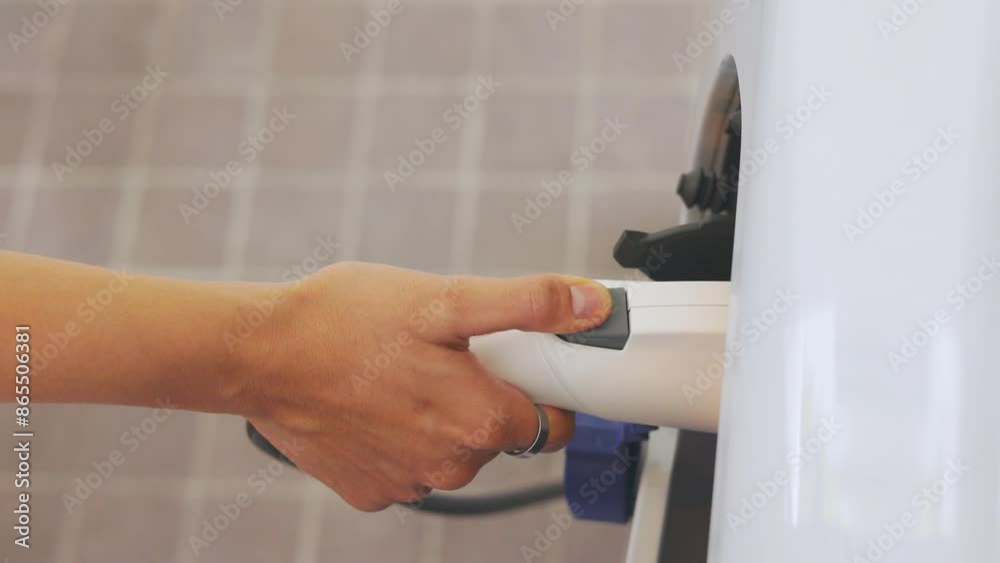 Close-up of hand plugging off charger from electric vehicle (EV), and ready to go. It shows sustainability, green technology, renewable energy, environmental conservation, and zero-emission vehicles. Close-up of hand plugging off charger from electric vehicle (EV), and ready to go. It shows sustainability, green technology, renewable energy, environmental conservation, and zero-emission vehicles.