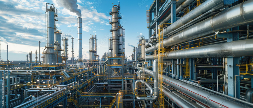 Industrial refinery with pipelines leading to various production facilities, petrochemical industry background. Industrial refinery with pipelines leading to various production facilities, petrochemical industry background.