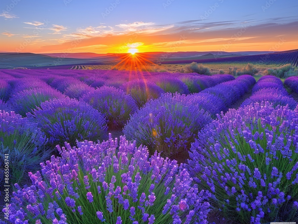Obraz premium A field of lavender blooms in Provence, France, at sunset