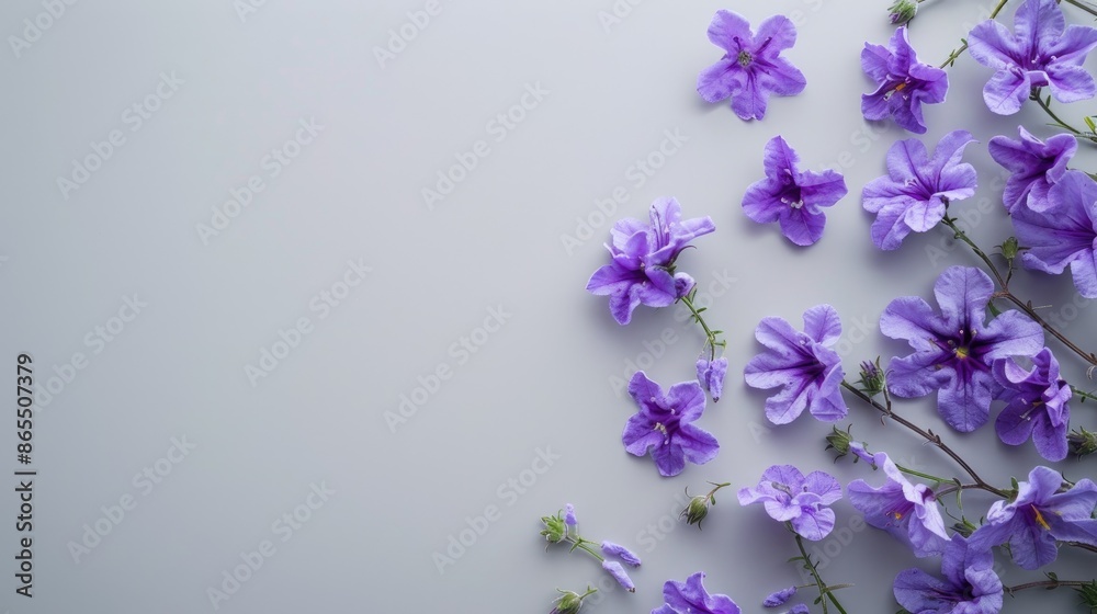 Purple flowers on gray paper against white background symbolizing spring Flat lay with room for text Purple flowers on gray paper against white background symbolizing spring Flat lay with room for text