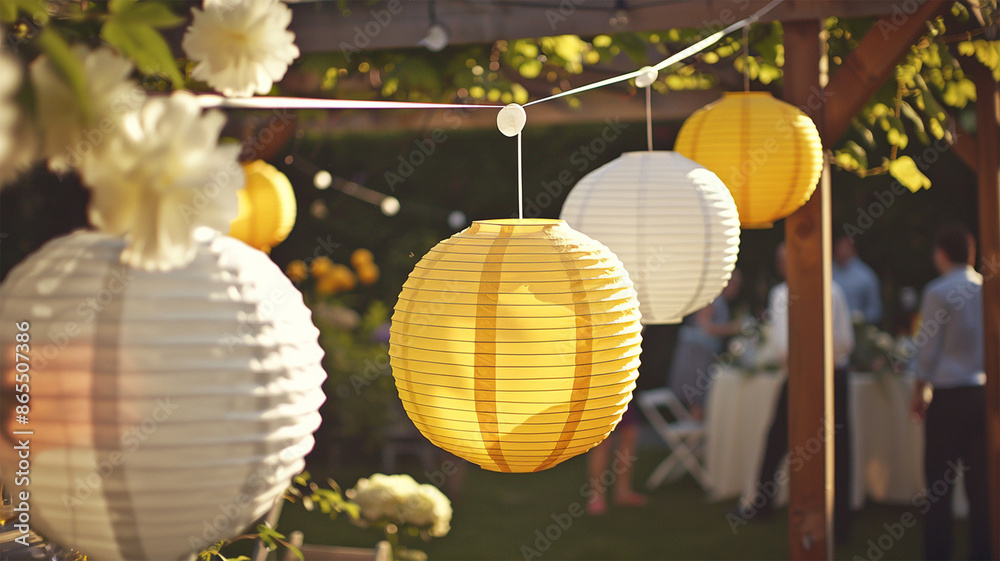 Fototapeta premium Garden party in the summer. Beautiful and cute paper lanterns blowing in wind and getting bright, Summer festival Summer vacation. Family garden party on sunny day