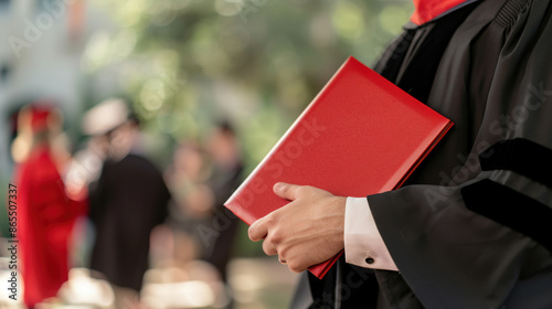 Graduate holding diploma at outdoor convocation ceremony, dressed in traditional cap and gown, surrounded by fellow graduates and blurred background.