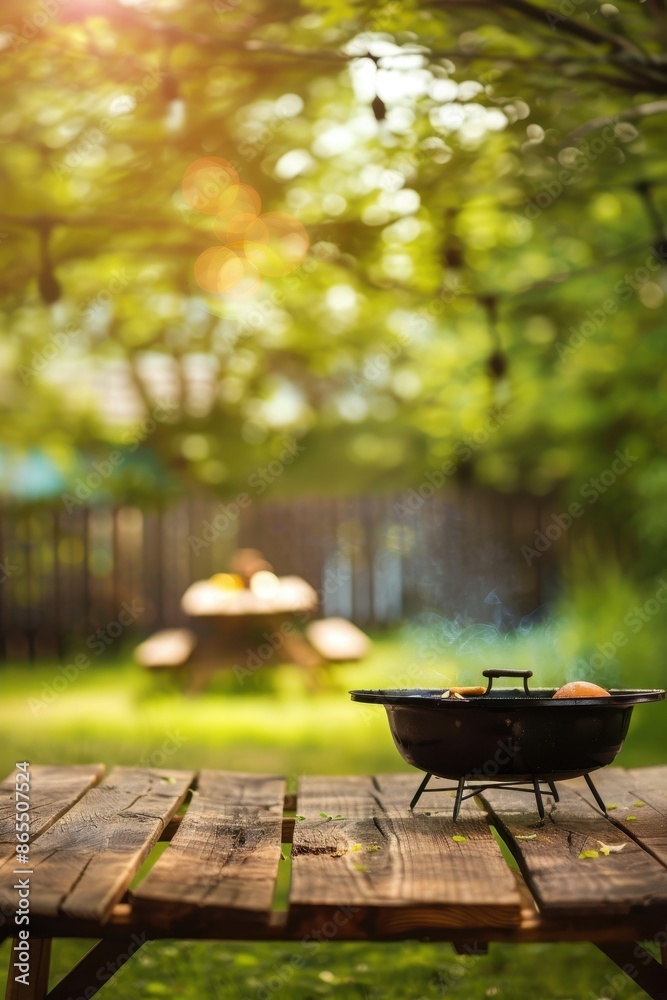 Summer time in backyard garden with grill BBQ Summer time in backyard garden with grill BBQ