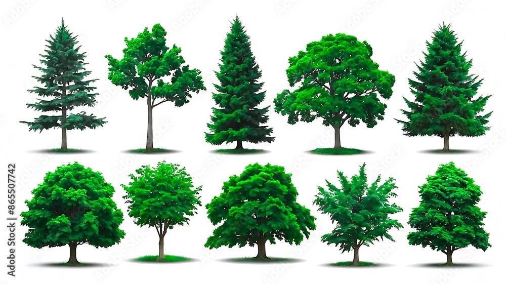 Fototapeta premium Collection of Common Tree Species on White Background Plain, Elm, Beech, and Linden Trees Isolated on White