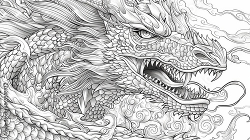A fierce dragon breathes fire in this detailed coloring book illustration, with intricate patterns on its body and surrounding flames, inviting imaginative color choices.