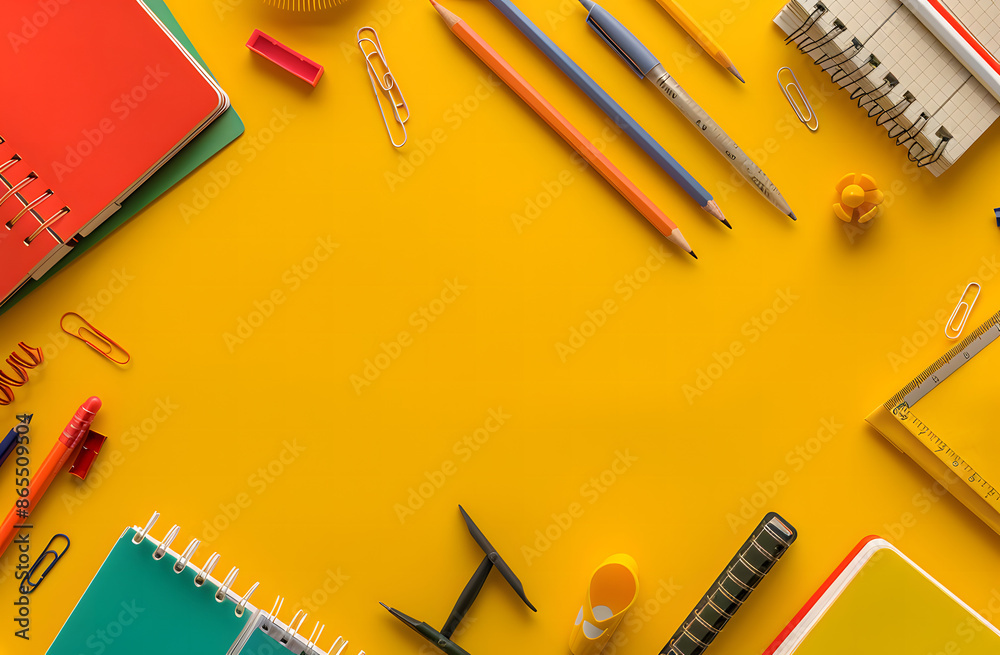 school supplies,stationery on a yellow background with copy space school supplies,stationery on a yellow background with copy space