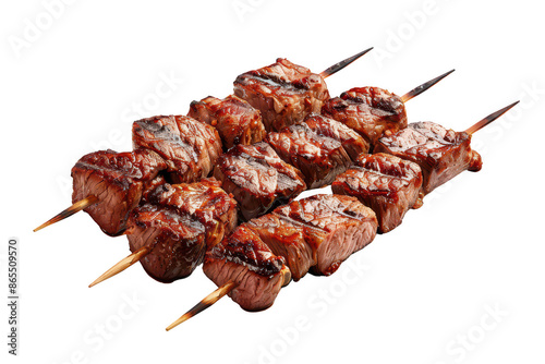 Grilled beef skewers with juicy and tender meat on wooden sticks, perfect for BBQ parties and outdoor gatherings.