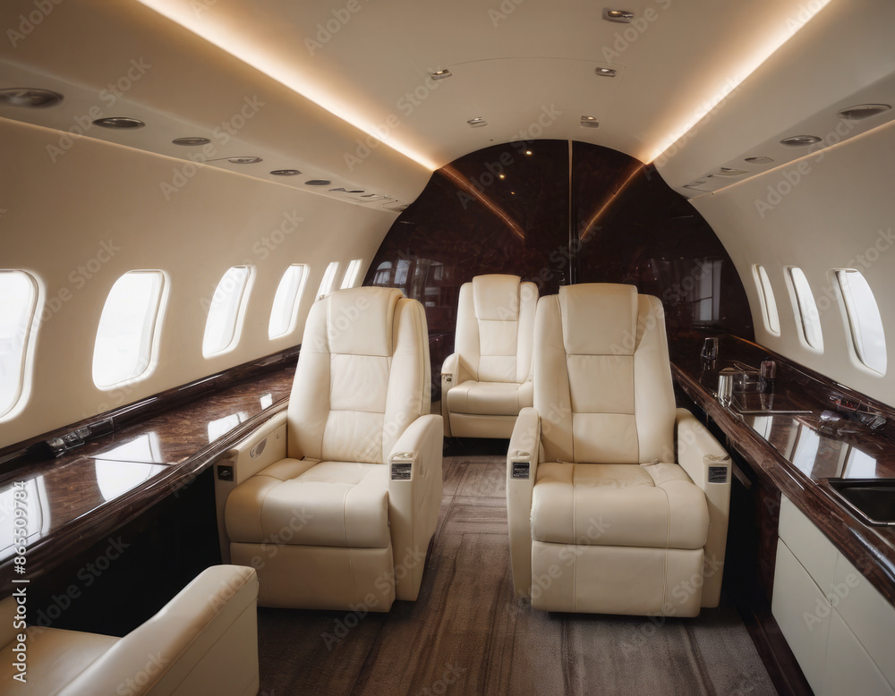 Fototapeta premium Cabina spaziosa negli interni di un jet privato, con disposizione ottimale per maggiore privacy.