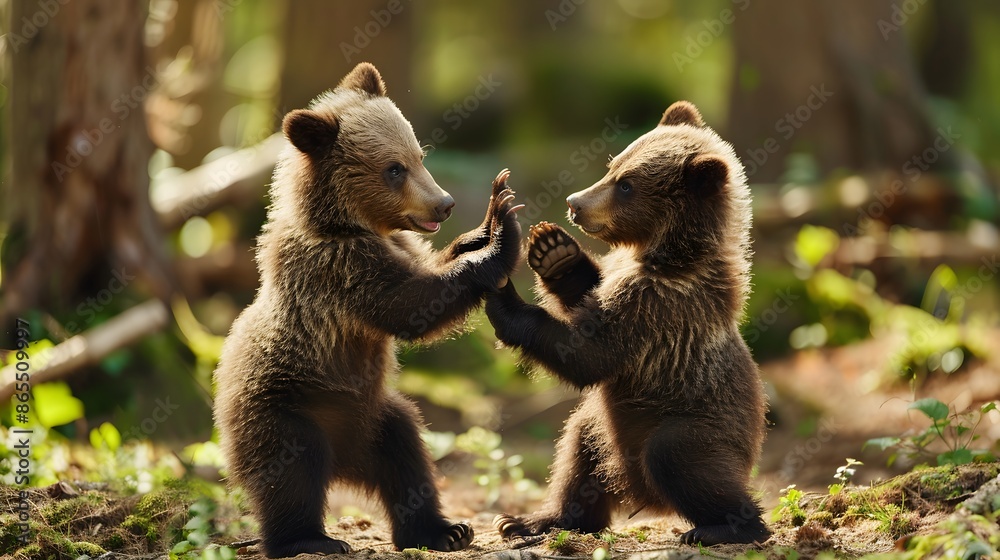 Fototapeta premium Two young brown bear cub in the fores.