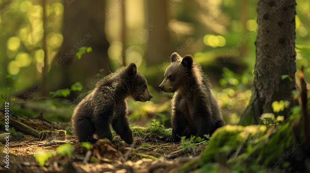 Fototapeta premium Two young brown bear cub in the fores.