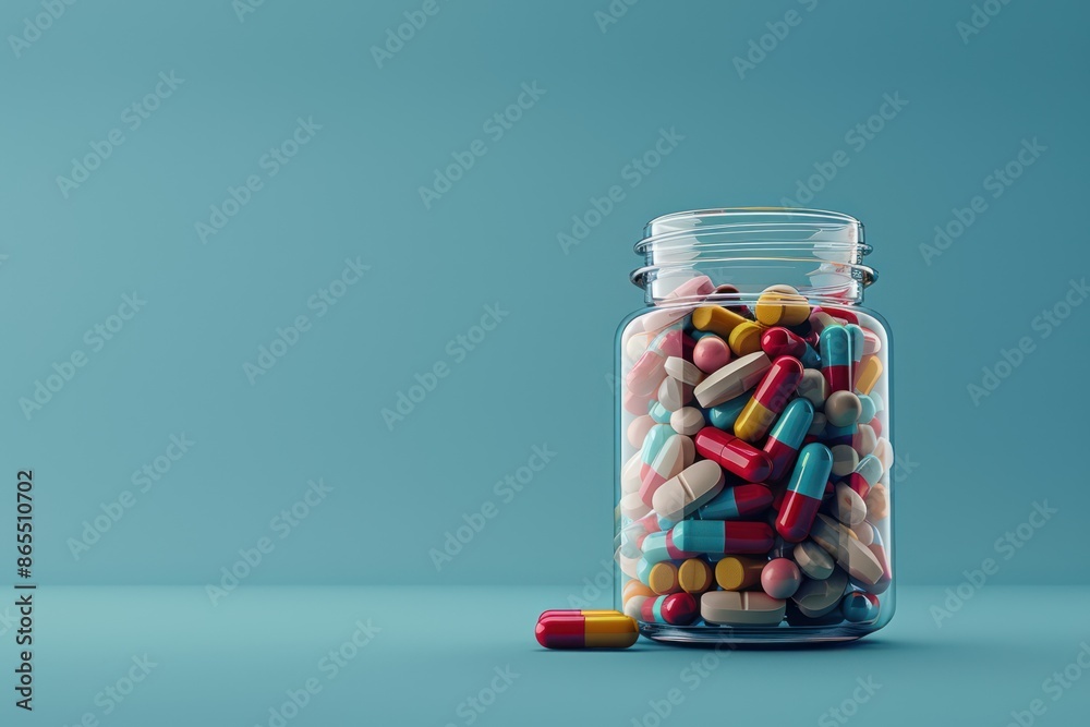 Jar filled with round pills and pill capsules on blue background