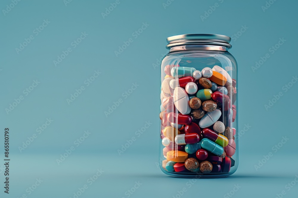 Jar filled with round pills and pill capsules on blue background Jar filled with round pills and pill capsules on blue background