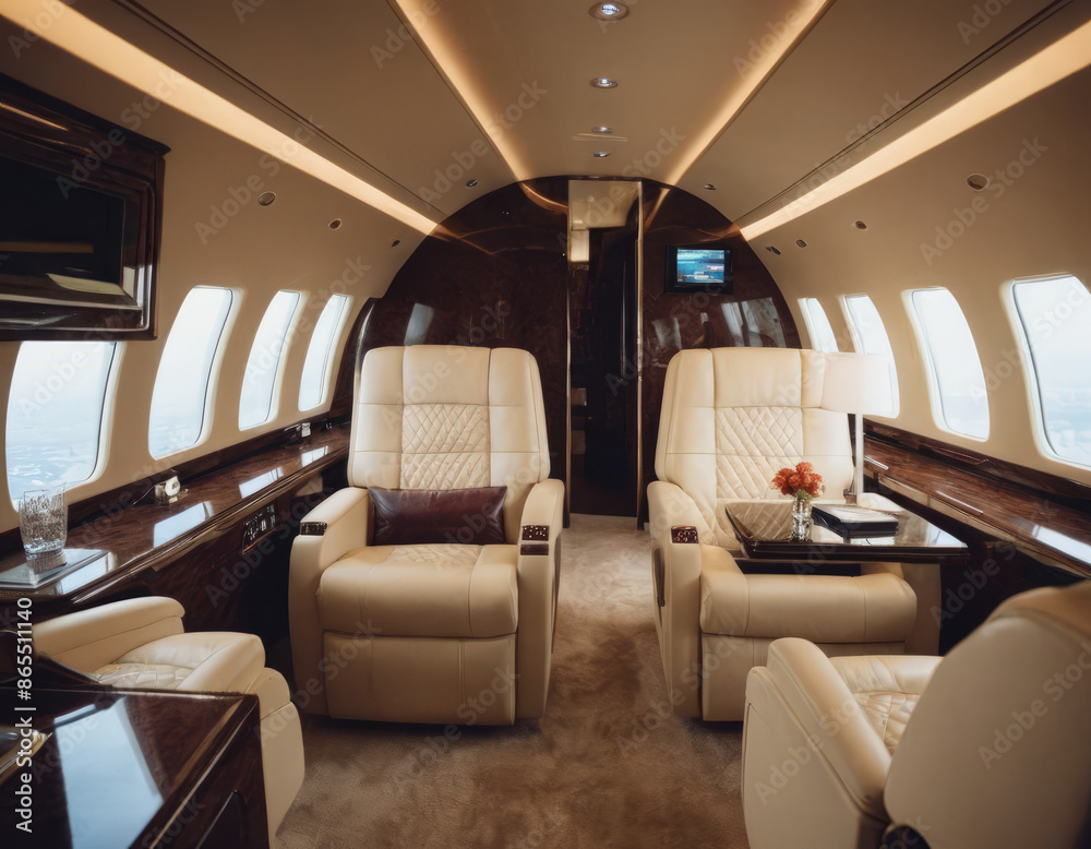 Un elegante tavolo da pranzo negli interni di un jet privato, apparecchiato con posate d'argento. Un elegante tavolo da pranzo negli interni di un jet privato, apparecchiato con posate d'argento.