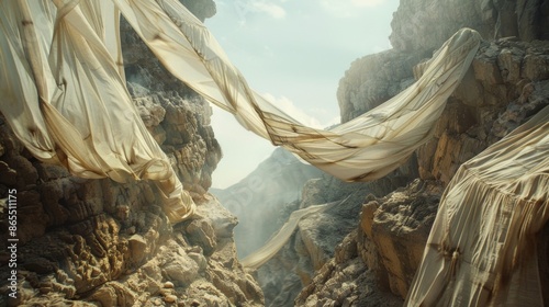 Layers of fabric hang like curtains between the rugged rock formations creating an ethereal and dreamy atmosphere. photo
