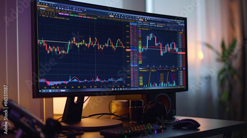 Market Pulse. Dual-screen computer setup displaying stock market charts and analysis tools in a dimly lit room photo
