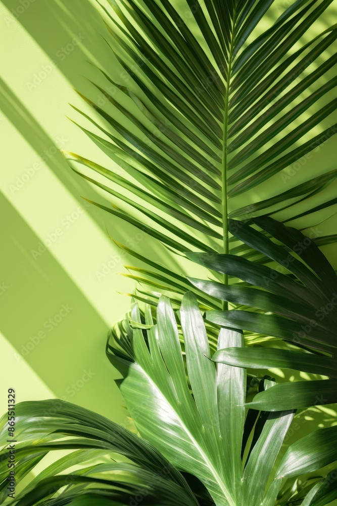 Sunlight and Palm Leaves Shadow on a Green Backdrop Sunlight and Palm Leaves Shadow on a Green Backdrop
