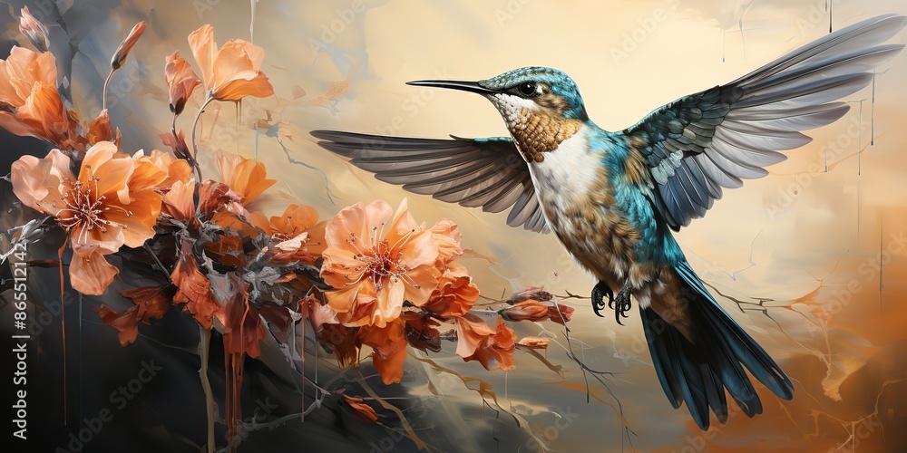 Fototapeta premium AI Generated. AI Generative. SMall little calibri hummingbird bird fauna drawing painting sketch oil watercolor art decoration on color