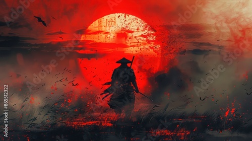 Japanese samurai warrior with a red sun on the background