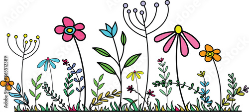 Hand-drawn wildflowers meadow. Black and white doodle wildflowers and grass plants. Monochrome floral elements.