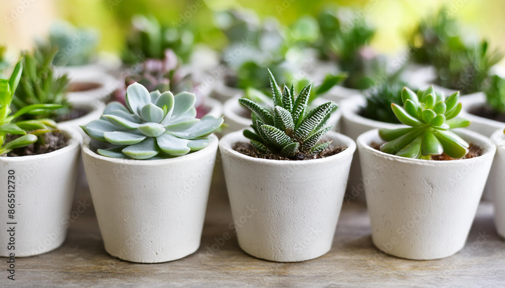 Obraz premium Green succulents in tiny cement ceramic containers. Plants in pots. Miniature garden. Close-up.