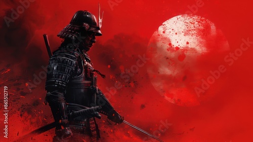 Japanese samurai warrior with a red sun on the background