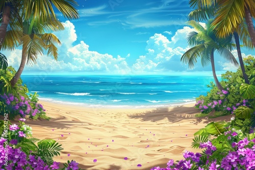 Tropical Beach With Palm Trees and Purple Flowers © BrandwayArt