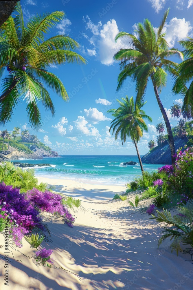 Tropical Beach Scene With Palm Trees and Flowers Tropical Beach Scene With Palm Trees and Flowers