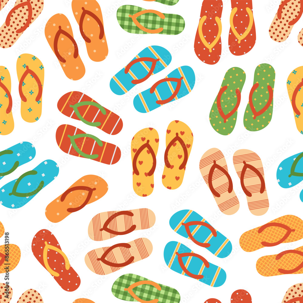 Seamless pattern with flip flops. Colored slippers with different ornaments on white background. Beach sandals. Vector flat illustration Seamless pattern with flip flops. Colored slippers with different ornaments on white background. Beach sandals. Vector flat illustration