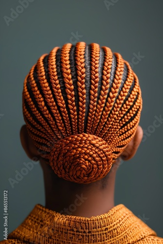 Woman having her hair braided into intricate cornrows, cornrow braids, protective hairstyle