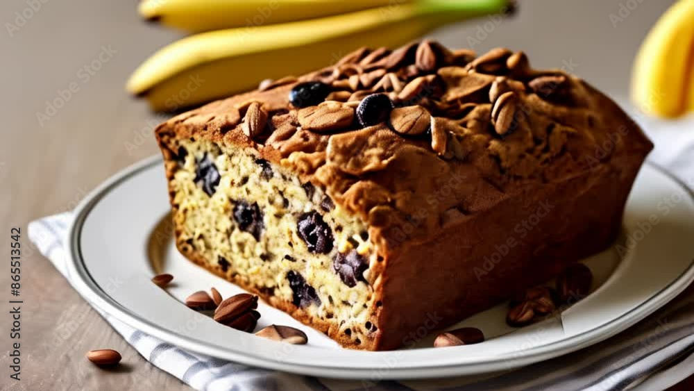Deliciously moist banana bread with walnuts and chocolate chips ready to be savored Deliciously moist banana bread with walnuts and chocolate chips ready to be savored