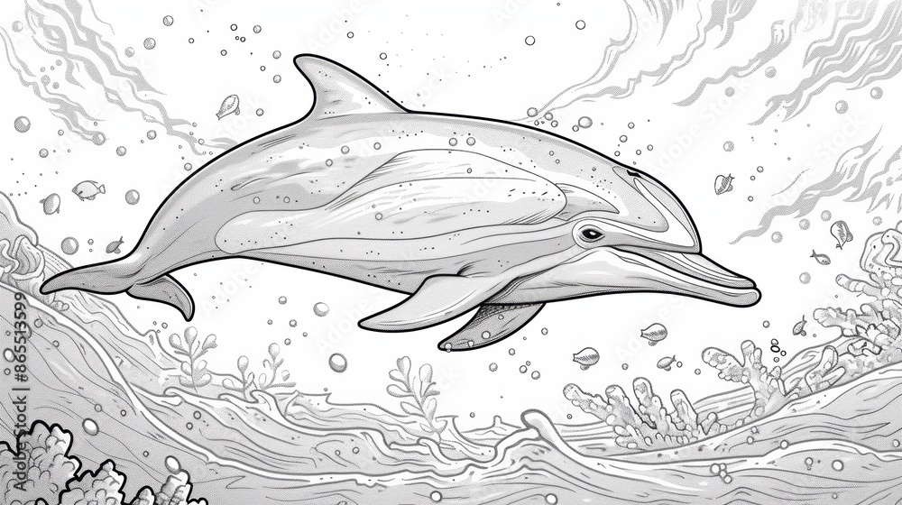 Fototapeta premium A serene coloring book page of a dolphin swimming peacefully under the moonlit ocean, with intricate details on the water and surrounding sea life, offering a relaxing and enjoyable coloring