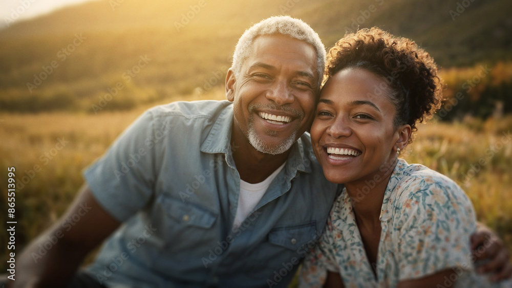 Senior couple smiling in sunlit field, happy elderly man and woman enjoying nature, golden hour outdoor scene, mature relationship and love concept, peaceful countryside landscape Senior couple smiling in sunlit field, happy elderly man and woman enjoying nature, golden hour outdoor scene, mature relationship and love concept, peaceful countryside landscape