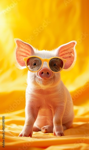 Cute piglet wearing sunglasses posing in front of bright yellow background