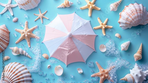 A pastel pink and white umbrella surrounded by assorted seashells and starfish placed against a calm blue backdrop, generating a serene and artistic coastal vibe. photo