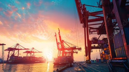 A modern port at dawn, with cranes maneuvering containers onto ships against the backdrop of a tranquil sea and rising sun, Reflecting the efficiency and coordination in global trade logistics © Jians