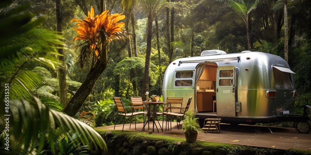 AI Generated. AI Generative. RV camper transport trailer in the exotic ...