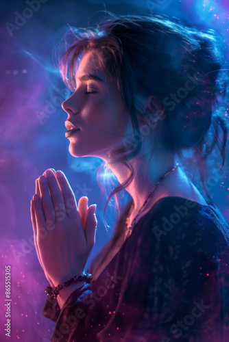 Woman praying and contemplating. Peace of mind concept. Thankfulness. Unique neon fantasy ethereal background. Portrait of Teen girl in prayer. Dhyana - Meditation or contemplation. photo