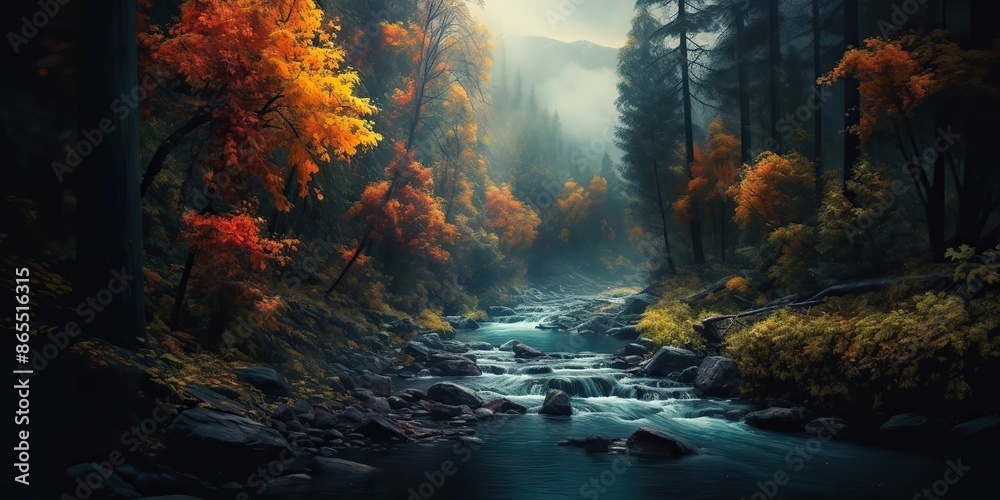 AI Generated. AI Generative. Autumn fall forest park countryside nature adventure outdoor forest with river stream watercolor drawing background. Graphic Art AI Generated. AI Generative. Autumn fall forest park countryside nature adventure outdoor forest with river stream watercolor drawing background. Graphic Art