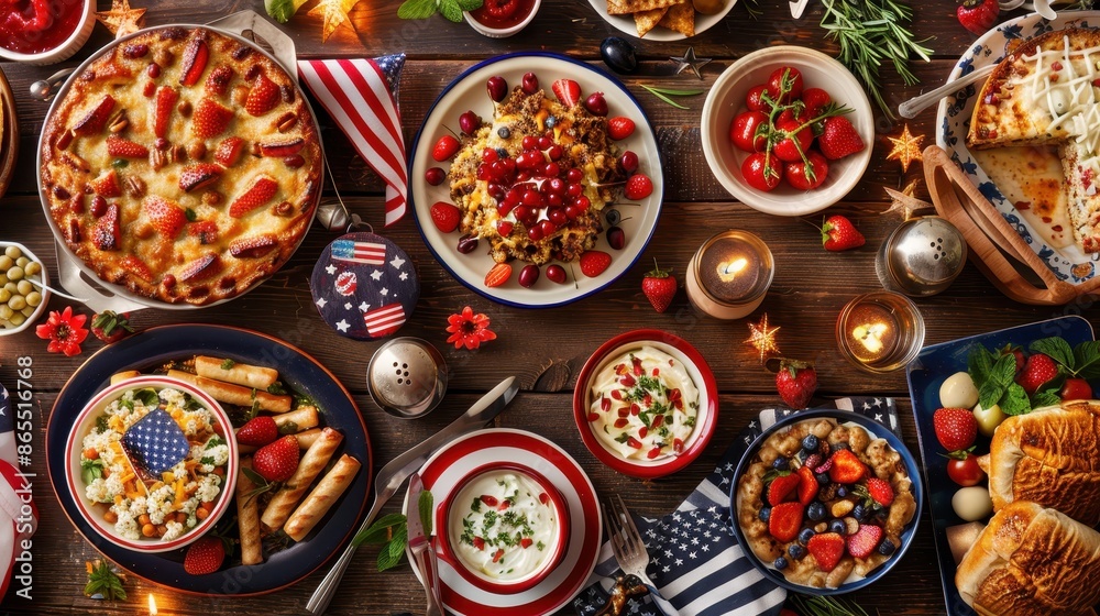 Table laden with traditional American fare Table laden with traditional American fare