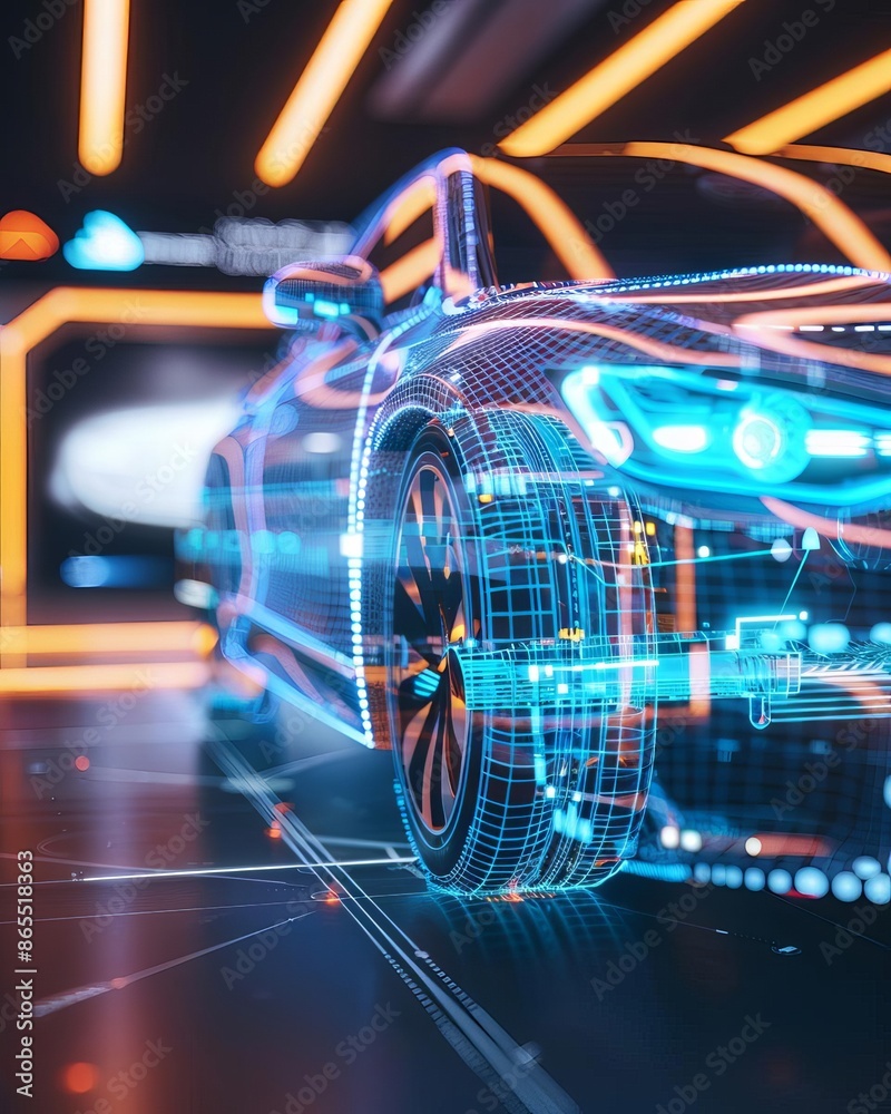 Futuristic car concept with glowing lines and digital effects. Futuristic car concept with glowing lines and digital effects.