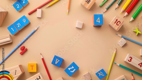 Back to school banner with wooden toy blocks, math fractions, pencils, and numbers on a beige background, education theme, HD quality