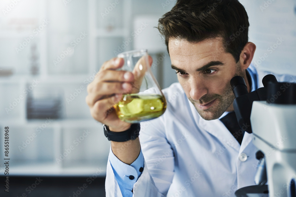 Man, beaker and scientist with liquid in laboratory for clinical research, experiment and scientific study for test. Male doctor, medical and sample for chemical reaction, development and innovation.