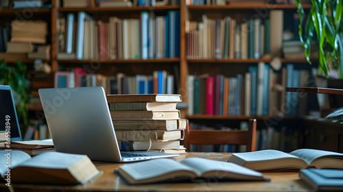 Organized pile of books on a desk with a laptop. E-learning concept. 