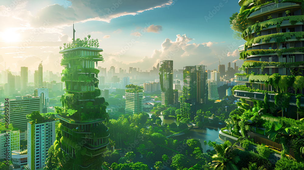 Obraz premium Spectacular eco-futuristic cityscape full with greenery, skyscrapers, parks, and other manmade green spaces in urban area. Green garden in modern city. 
