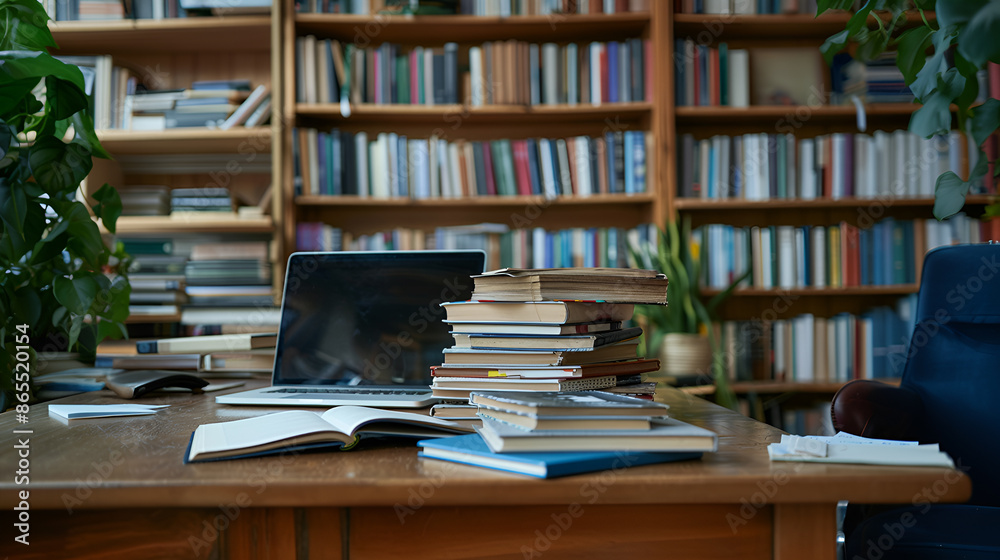 Organized pile of books on a desk with a laptop. E-learning concept.
Organized pile of books on a desk with a laptop. E-learning concept.