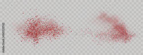 Grainy scatterings of  spicy burst . Splashes of  red pepper powder.Overlay effect chilli or paprika spice splatters. Vector realistic illustration of hot dried spice.